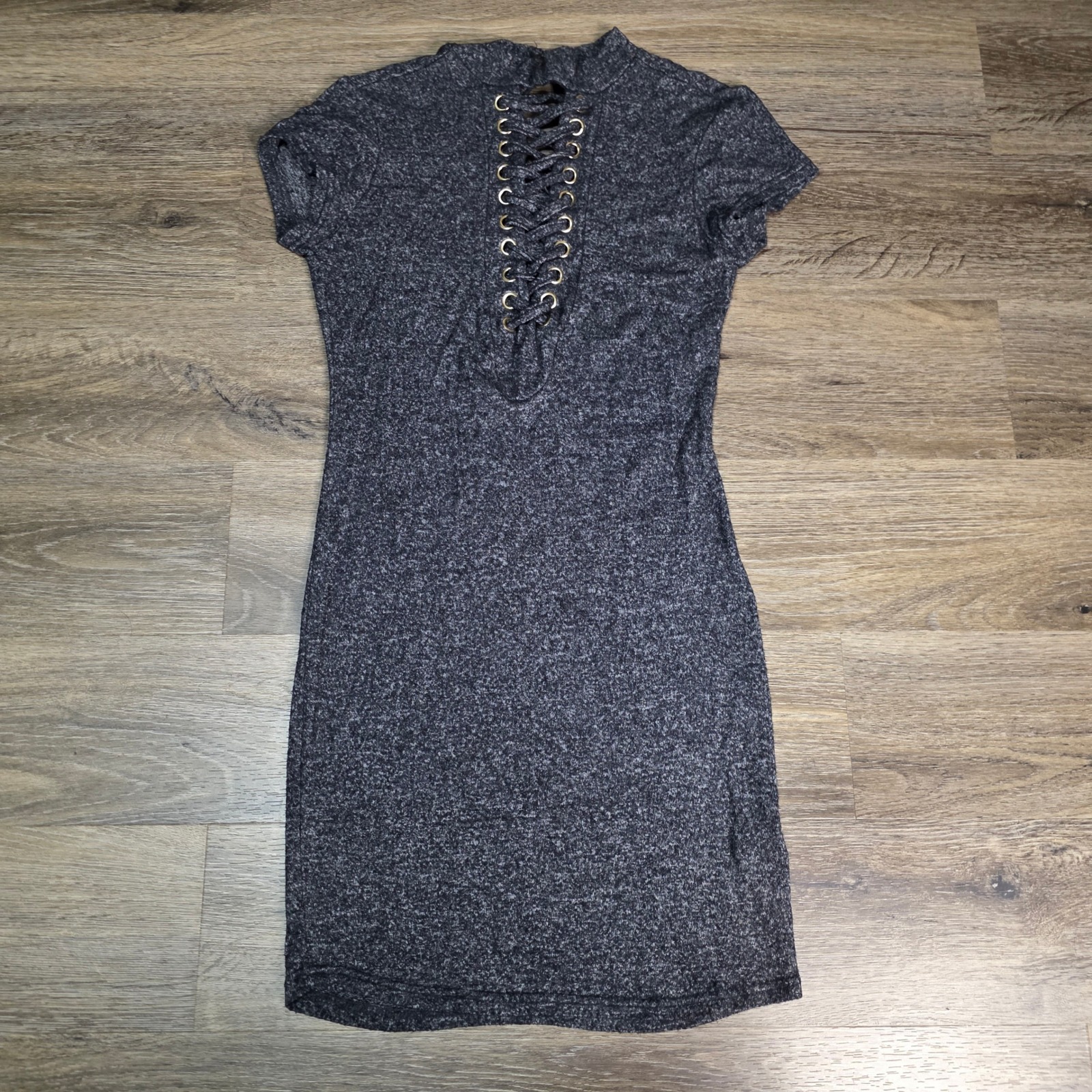 J For Justify Womens Medium Mini Dress Charcoal Grey Lace Up Mock Neck Marled